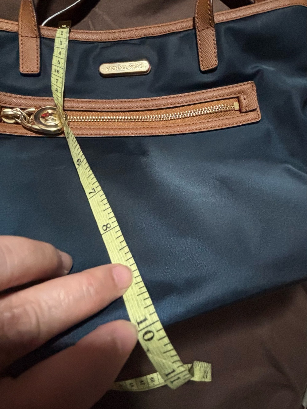Michael Kors Navy Blue Tote with Brown Trim and Gold Hardware - Picture 6 of 9